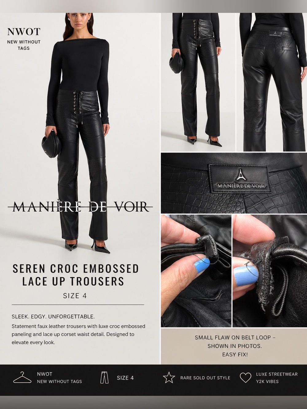 Manière De Voir Seren Croc Embossed Lace Up Faux Leather Trousers Pants Size 4